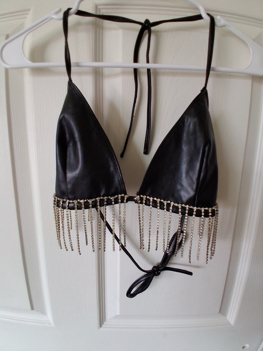 Black Fringe Halter Bikini Top with Chain Trim